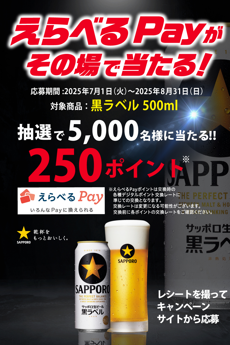 近畿エリア限定 サッポロ黒ラベル500mlをお買い上げでえらべるPayが当たる！キャンペーン